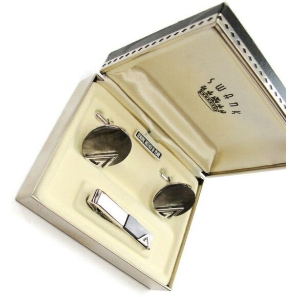 Vintage Swank MOP Round Set Silver Tone Cufflinks & Tie Clip Tux Shirt Suit - Picture 1 of 12